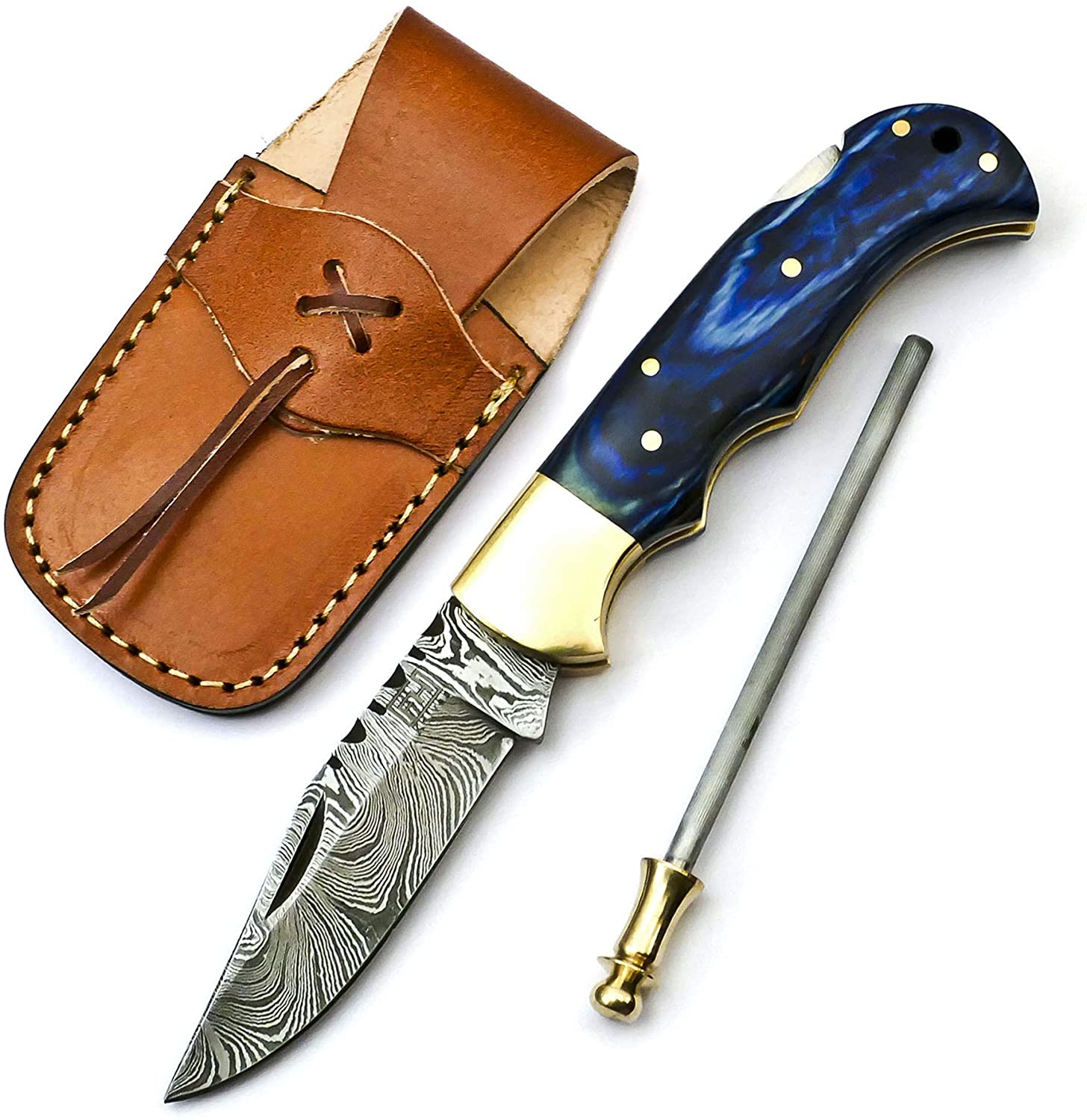 Bmk-1012 Aphrodite Damascus Pocket Knives Blue Ruby Gem diamond