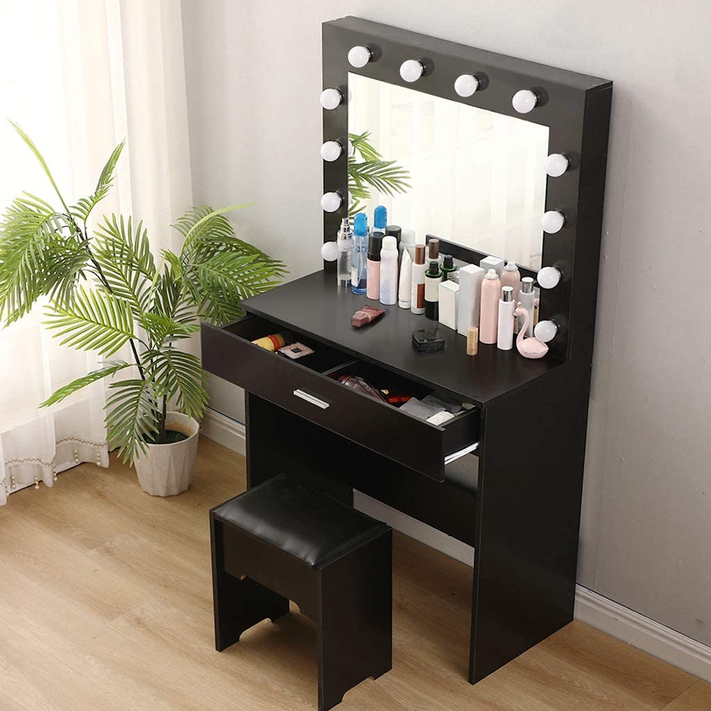 Cool Led Bulbs, Black Makeup Vanity Table With Lighted Mirror