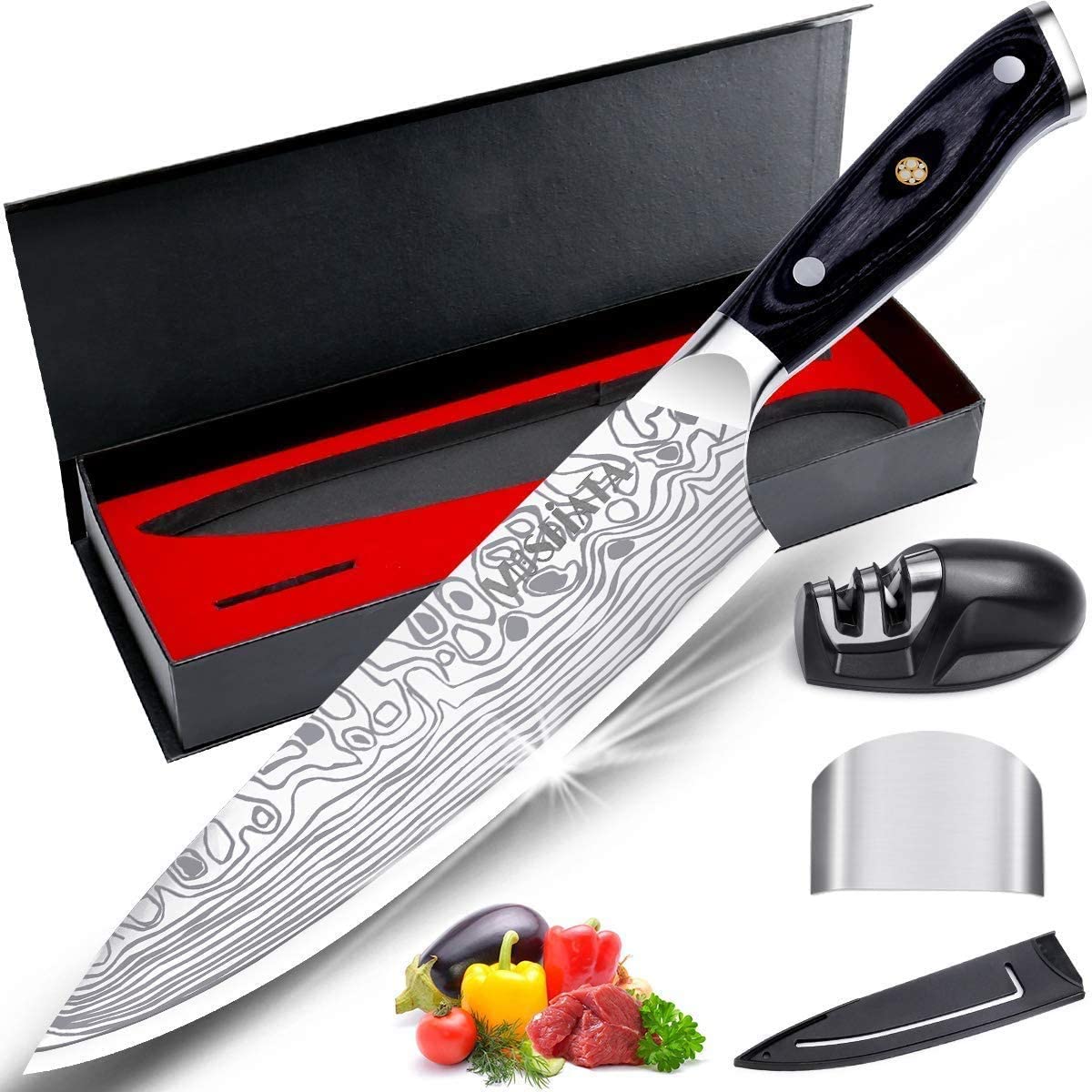  MICHELANGELO Professional Chef Knife 8 Inch Pro, German High  Carbon Stainless Steel with Ergonomic Handle, Japanese Knife, for Kitchen -  Inch, Etched Damascus Pattern: Home & Kitchen