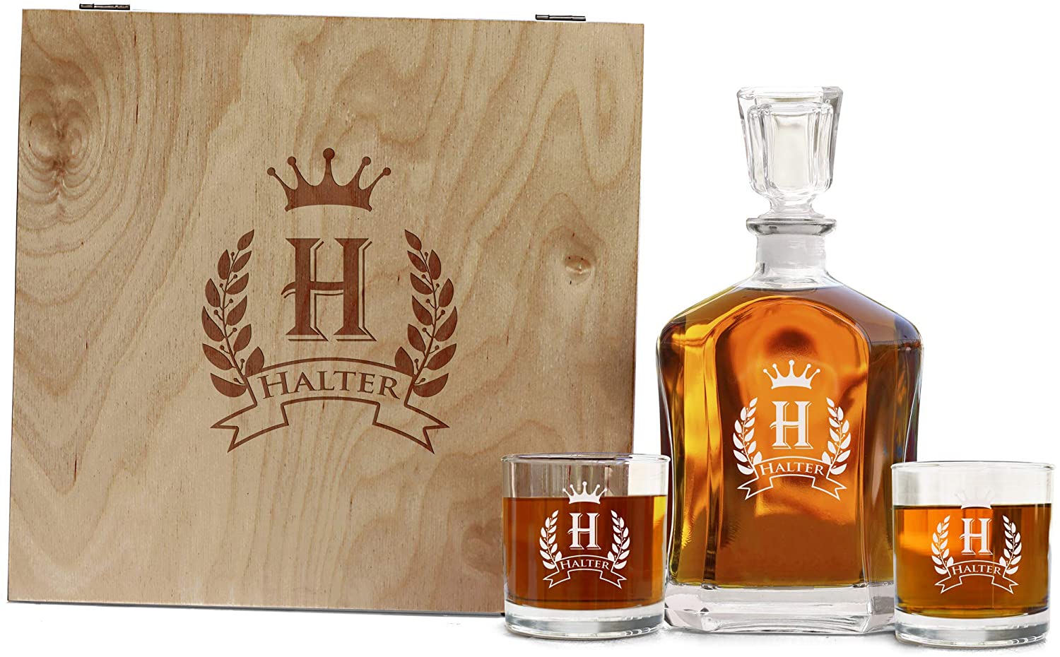 Wholesale Customized Whiskey Decanter Set with wood box- Monogrammed  Decanter- Decanter and 2 Glasses Decanter Set with wood box - Custom  Engraved Monogrammed with Shield Crown Design - Wedding Decanter