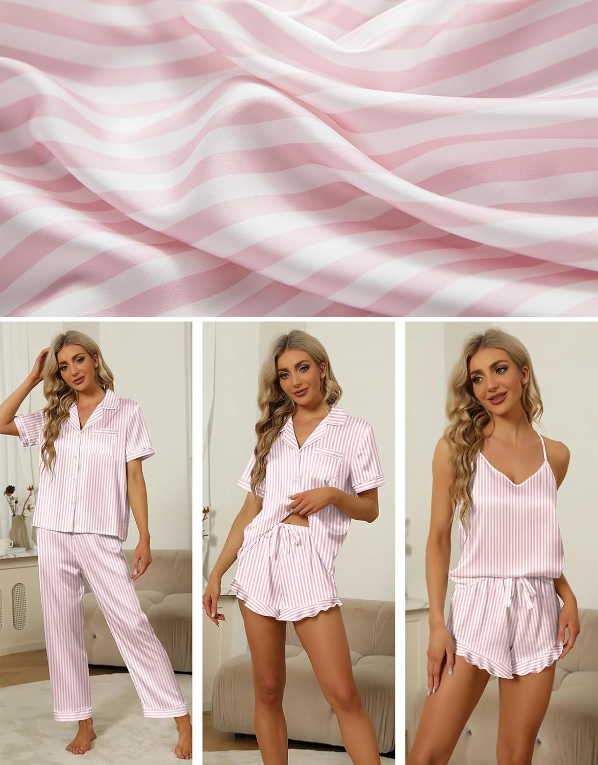 SWOMOG Women’s Silk Satin Pajama Set – Short Sleeve Button-Down Top & Shorts, Comfy Loungewear For Sleep, Pajama Parties, Or Gifts (XS-3XL) - View #4