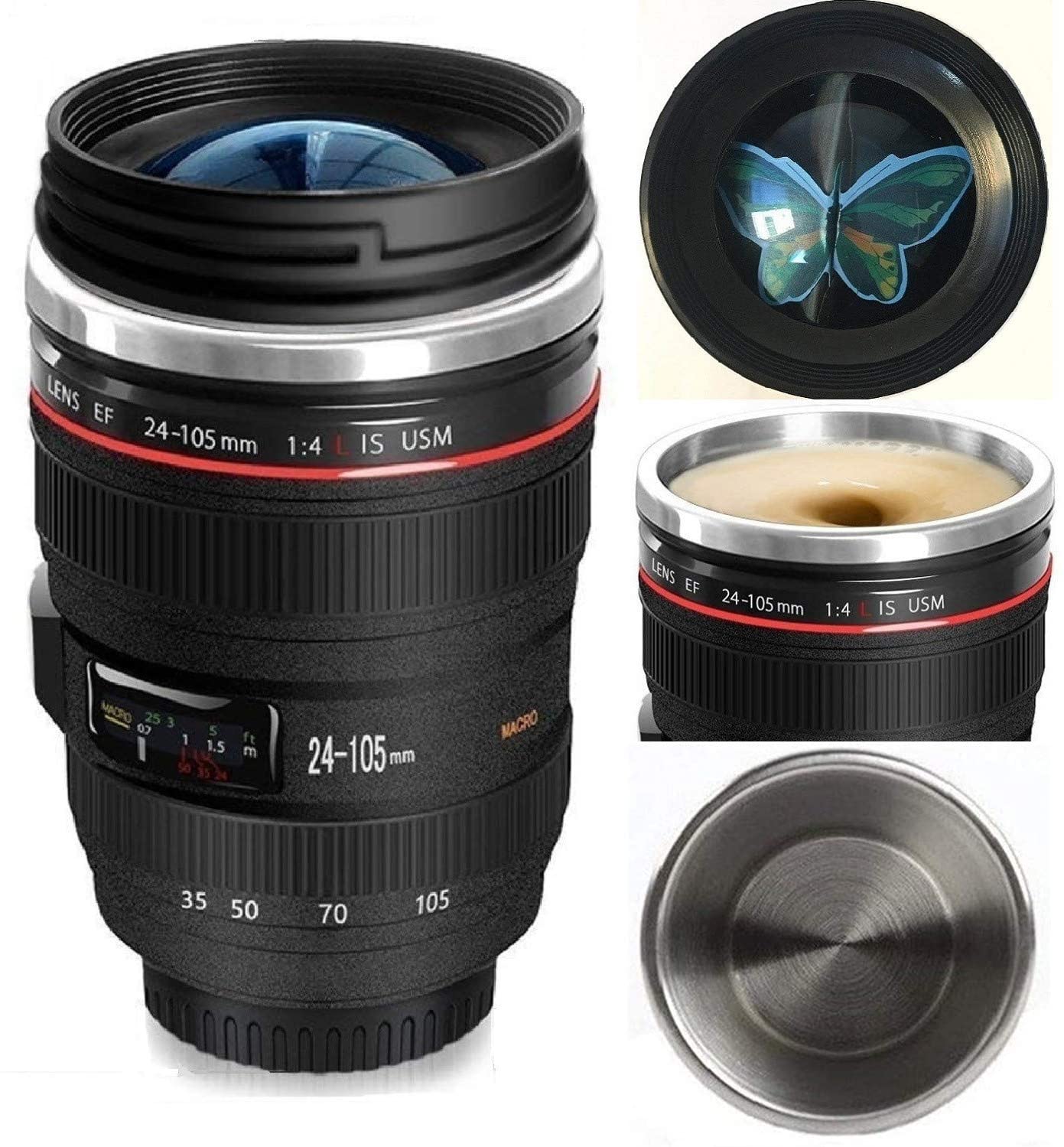 Camera Lens Coffee Mug Cup Tea Travel Thermos Cup 12 oz Transparent Lid 