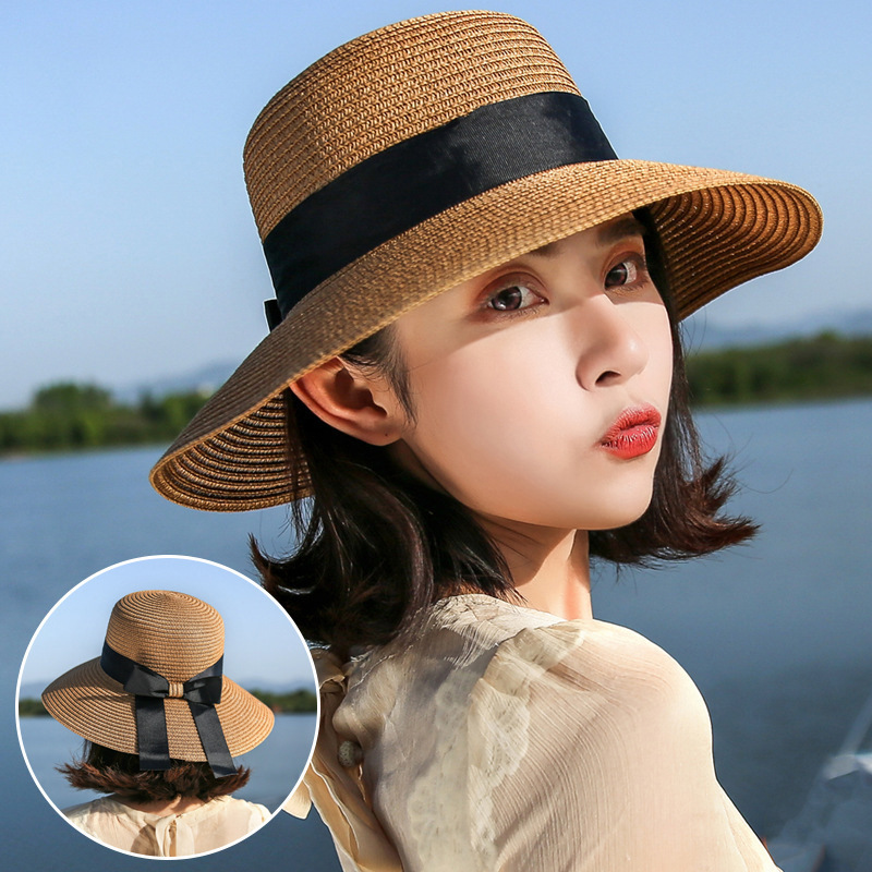 Color : Orange QIAOXINGXING Wrapped Bow Visor Korean Version of The Big Straw hat Tide Foldable Summer Sun hat Female Sunscreen Beach hat 