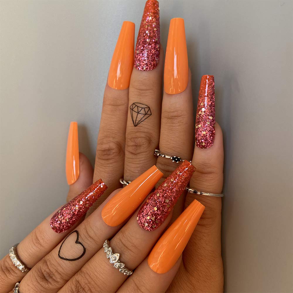 Wholesale Feilisa Coffin Press On Nails Extra Long Fake Nails Acrylic Orange Glitter False Nails Luxurious Prom Nails False Nail Tips 24 Pcs Supply Leader Wholesale Supply