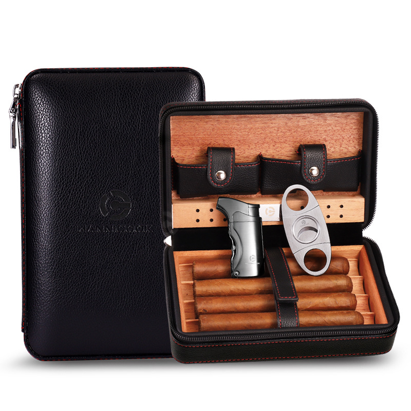 AMANCY Classic Black Leather 4 Cigar Travel Case Humidor with Cutter and  Lighter Great Cigar Accessory Gift Set