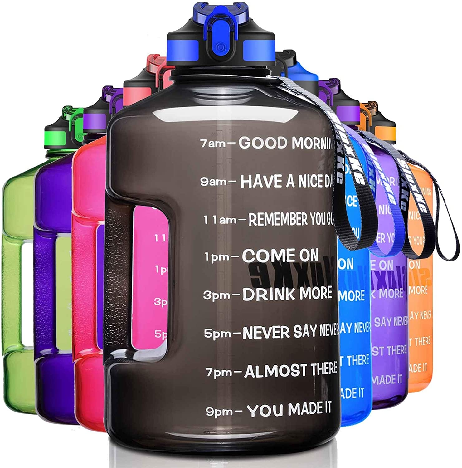 SLUXKE 1 Gallon Water Bottle with Time Marker BPA Free Motivational, 128oz Leak Proof Water Bottle Jug with Handle and Straw, One Click Open Sports