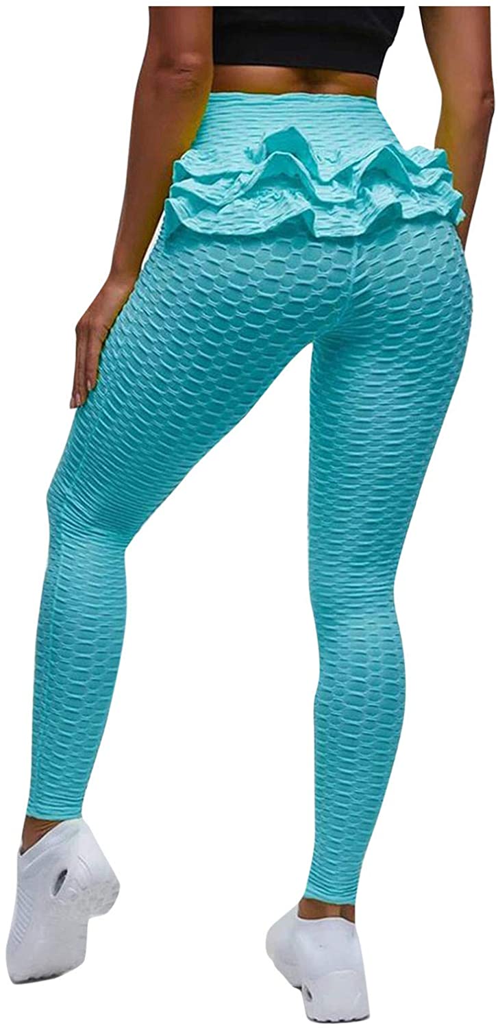 Wholesale GorNorriss Women's Bubble Hip Butt Lifting Anti Cellulite Legging  Fitness Tights Yoga Pants with Ruffle Side Yoga Capris Sky Blue Large