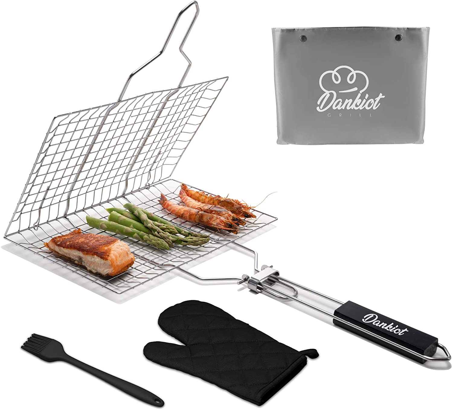 Stainless Steel Grill Basket BBQ Fish Tool Rack Sauce Brush Grilling Glove Pouch 