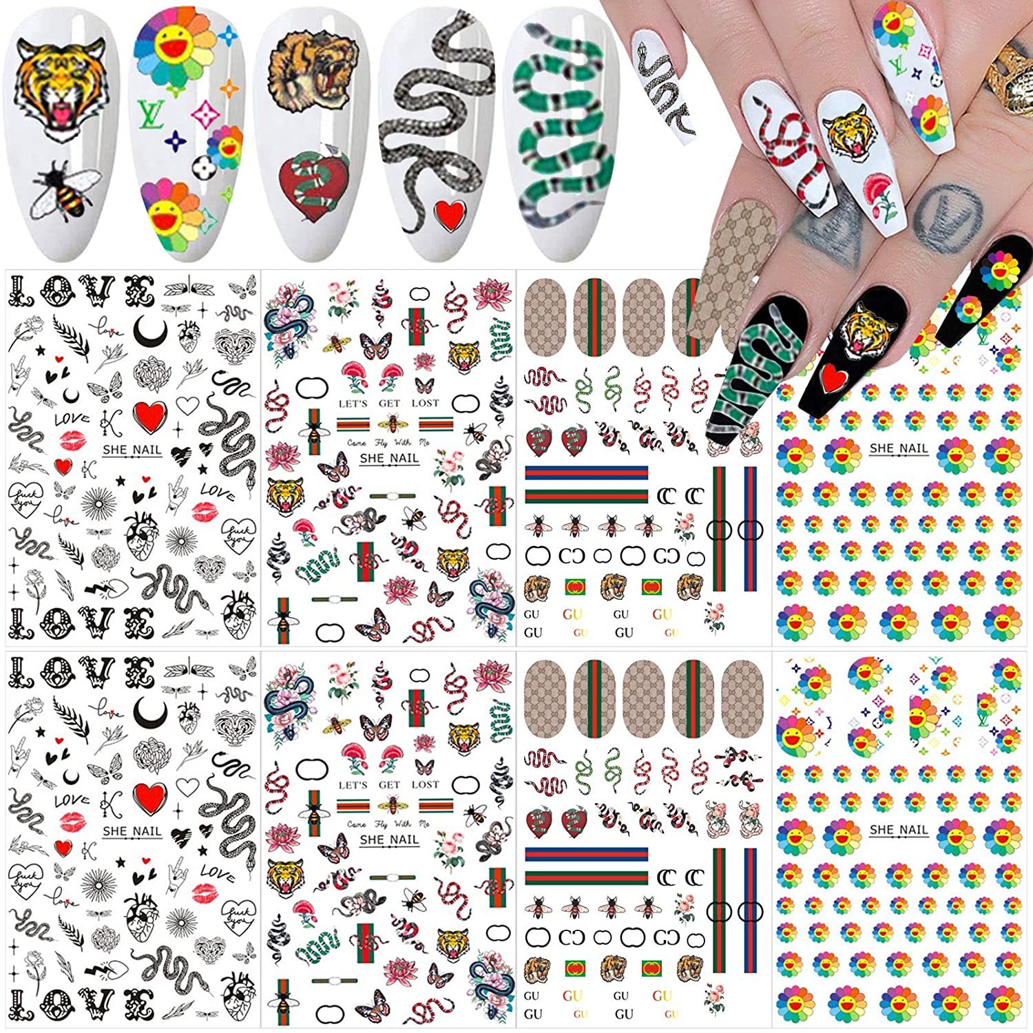 Gold Nail Foil Transfer Stickers Nail Art Supplies Holographic Laser Star  Moon Flower Heart Abstract Face Designer Nail Stickers 3D Glitter Line DIY