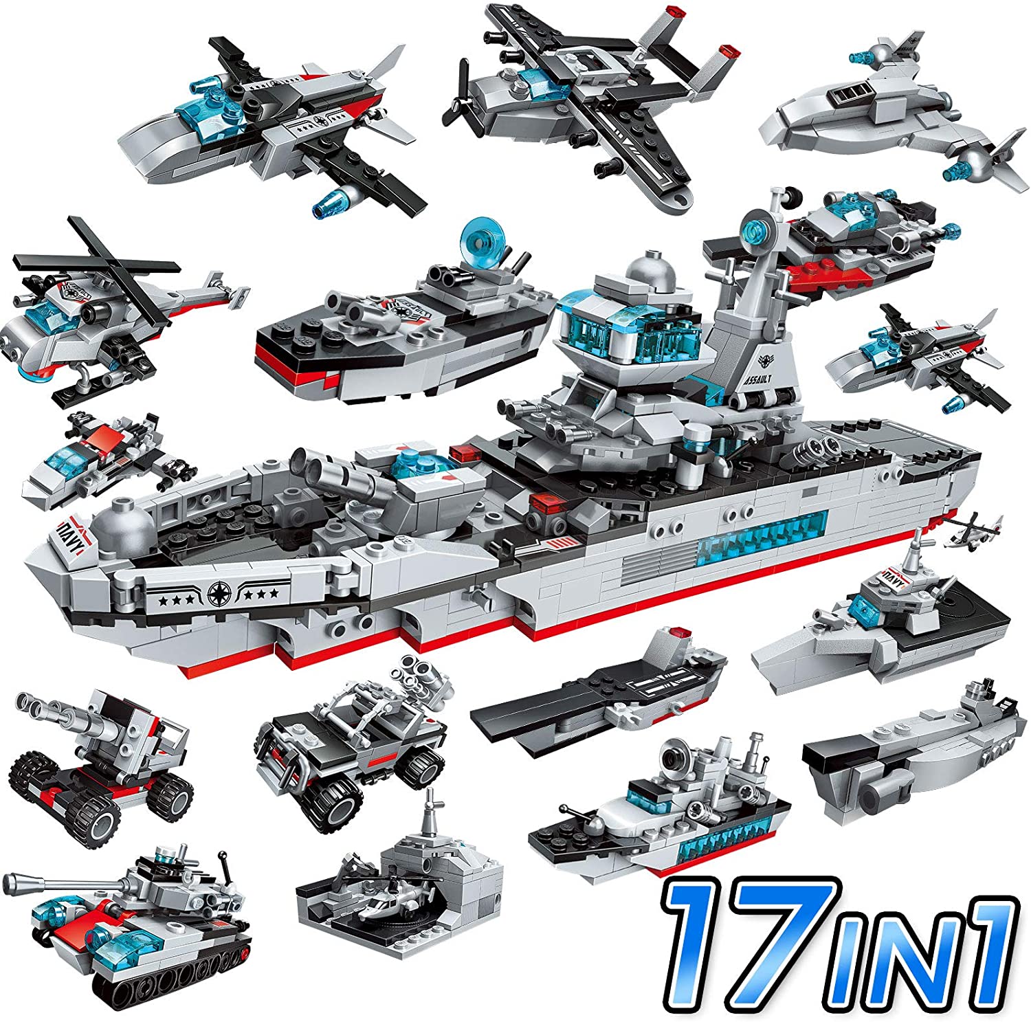 8 in 1 Aircraft Carrier Building Set with Storage Box,Military Battleship Building Toys with Helicopter Patrol Boat Tank,Kids DIY Creative Toy Kit,Gift for Boys Girls 6-12,751PCS