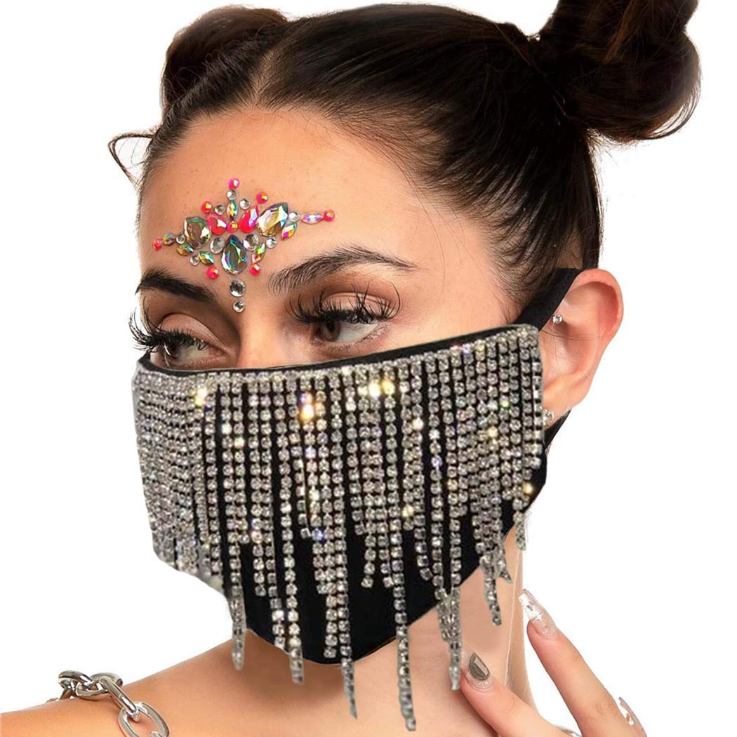 Urieo Sparkly Rhinestones Mesh Mask Elastic Chain Crystal Sparkle  Masquerade Masks Halloween Ball Party Nightclub Rave Festival Venetian  Mardi Gras Jewelry for Women and Girls(Black)…