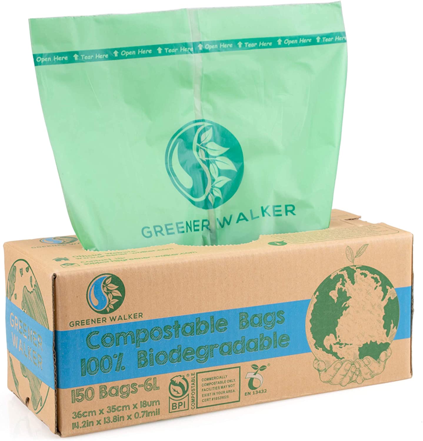 100% Compostable Trash Bags 1.6 Gallon/6 Liter Drawstring 125 Count BPI  ASTM D6400 Certified 