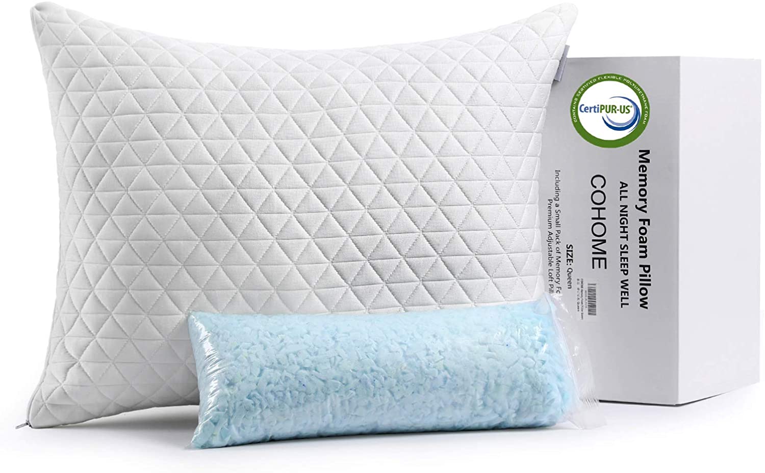 Homesmart Premium Hypoallergenic Shredded Memory Foam CertiPUR Pillow with Cover 