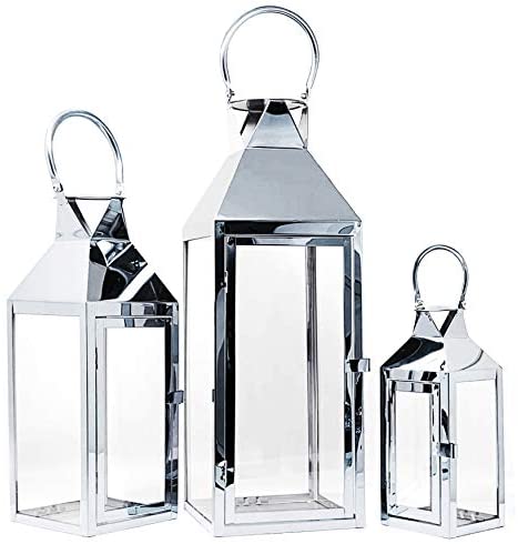 Allgala 3-PC Set Jumbo Luxury Modern Indoor/Outdoor Hurricane Candle Lantern Set with Chrome Plated Structure and Tempered Glass-Cuboid Gold-HD88011