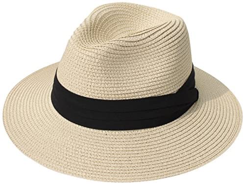 Lanzom Women Wide Brim Straw Panama Roll up Hat Fedora Beach Sun Hat UPF50+  (Khaki) One Size at  Women's Clothing store