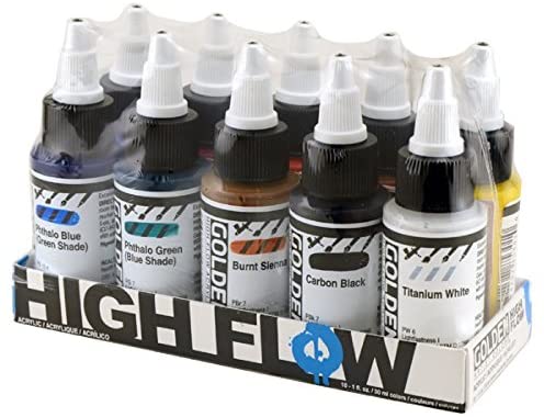  Golden High Flow Acrylic, Assorted 10 Color Set, Burnt Sienna,  Carbon Black, Quinacridone Magenta, Hansa Yellow Med, Quin/Nickel Azo Gold,  Naphthol Red Light, Phthalo Blue, Phthalo Green, Ultra Blue & Titanium