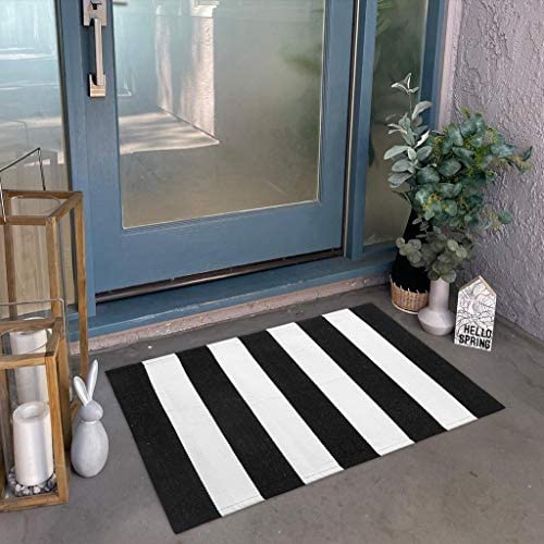 Black and White Striped Rug Outdoor Reversible Mat 35.4'' x 59'' Front Door  Mat Hand-Woven Cotton Indoor/Outdoor for Layered Door Mats,Welcome Door