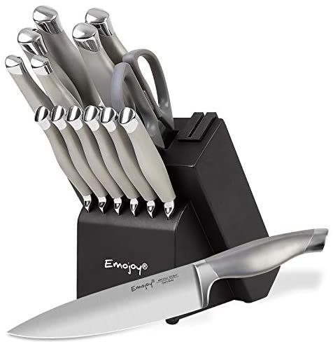 Emojoy Knives Set for Kitchen With Block,Rust Proof,15-Pcs Knife Set with  Block Wooden, Black Handle German Stainless Steel Cutlery Knife Set