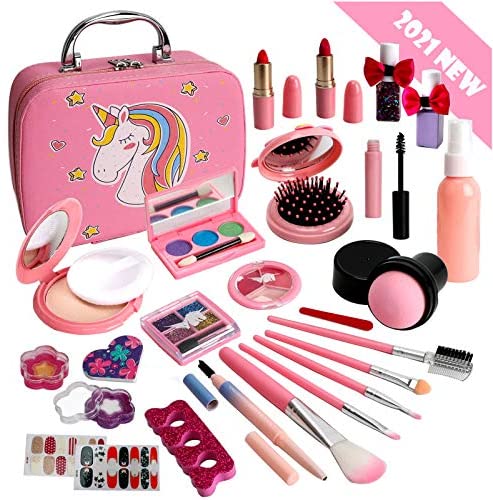 Qudai Kit de maquiagem para meninas Real Kids Make Up Set Cosmetics Play  Set Cofre lavável com bolsa de transporte para meninas Jogo de festa Natal