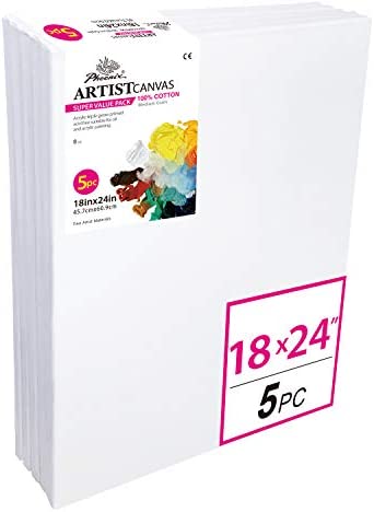 CONDA 18x24 inch Stretched Canvas for Painting, Pack of 5, 100% Cotton, 5/8  Inch Profile Value Bulk Pack for Acrylics, Oils Painting