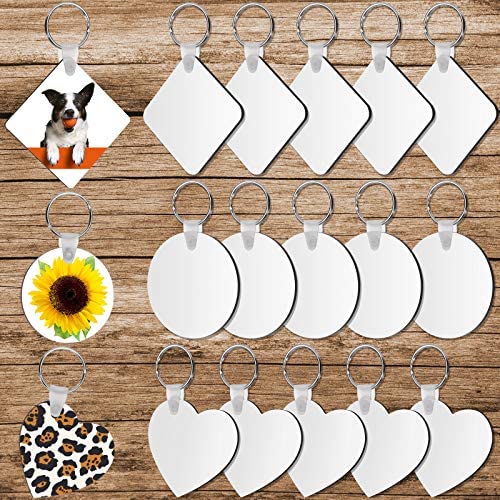 6 Shapes Heat Transfer Double Side Sublimation Ornament Blanks for DIY Keychain Making Sublimation Keychain Blanks 30 Pieces MDF Blank Keychain with Key Rings and Jump Rings