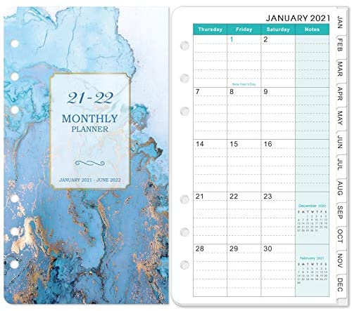 6-Hole Punched Paper 2021-2022 Monthly Planner Refill Two Pages Per Month 3-3/4 x 6-3/4 Jun.2022 A6 Planner Inserts 18-Month Planner Refills with Tabs Jan 2021