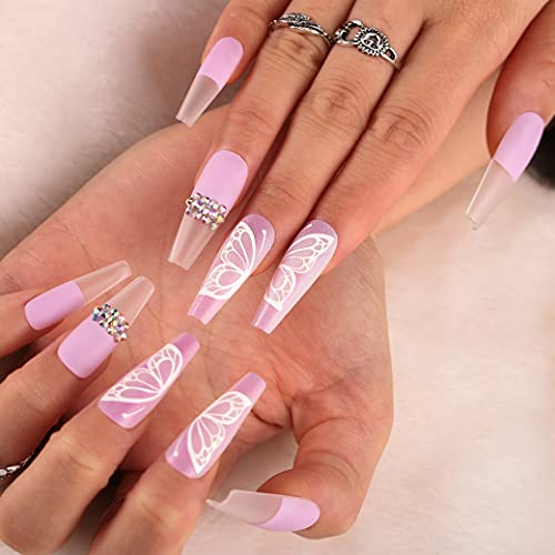 Wholesale Blufly Glossy Ombre Extra Long Butterfly Press On Nails Purple Crystal 3d Bling Square Coffin Fake Nails Full Coverage Acrylic Ballerina False Nails Tips Party For Women And Girls Butterfly