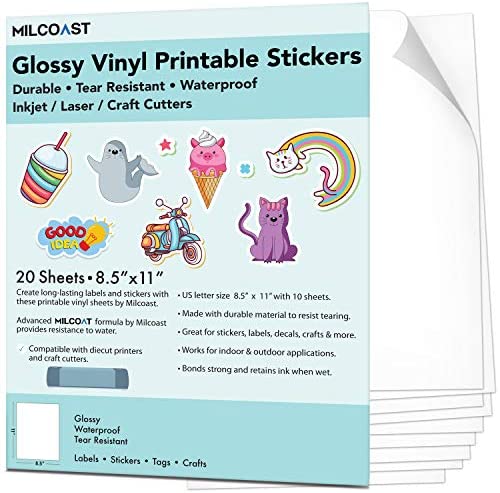 wholesale milcoast glossy waterproof printable vinyl full sheet sticker paper labels adhesive inkjet laser printer compatible for arts crafts decals stickers and more 20 sheets office products supply leader wholesale supply