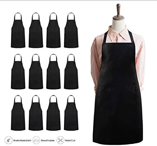 ZNCMRR 12 Pack Bib Apron Bulk - Unisex Black Chef Apron with 2 Pockets ...