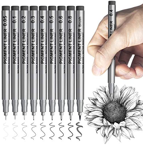 Bullet Journal Writing Pens Artist Illustration Fineliner pens Black Micro Pen Funnasting Set of 9 Fineliner Ink Pens Resistant Pigment Liner for Sketching Manga Bullet Journaling Scrapbooking