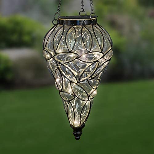 Glass Tear-Shaped Hanging Lantern Exhart Lavender Solar Lantern Teardrop Glass Ceiling Lantern Hangs in a Metal Cage w/ 12 Blue LED Firefly Solar Lights 7 L x 7 W x 24 H