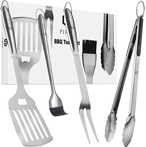 Tongs Fork and Silicone Basting Brush BBQ Grill Tools Set 4 Pieces, Heavy Duty Stainless Steel Barbecue Grill Accessories Including Spatula 11yd Leather Hanging Rope Tongs Fork and Silicone Basting Brush BBQ Grill Tools Set 4 Pieces, Heavy Duty Stainless Steel Barbecue Grill Accessories Including Spatula 11yd Leather Hanging Rope