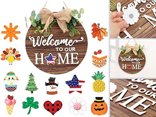 OurWarm Christmas Wreaths for Front Door Wooden Farmhouse Plaid Christmas Decor for Gift Thanksgiving Outdoor Home Double-Sided Interchangeable Welcome Sign with Christmas Gnome and Burlap Bow