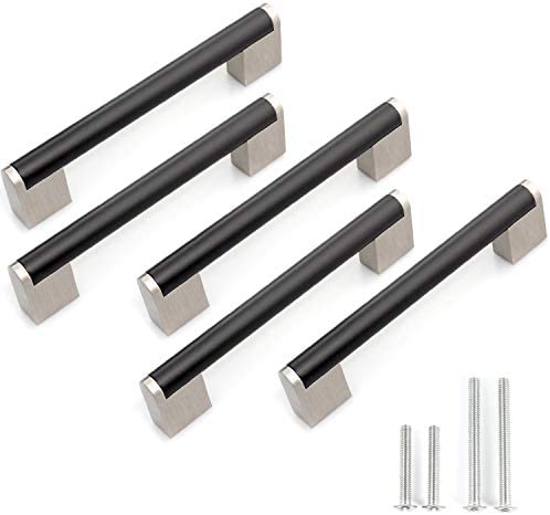 Modern Square Tube Drawer Handles Stainless Steel Bathroom Closet Door Knobs 5 Inch 128mm Flat Black Kitchen Hardware Cabinet Handle Pulls Screw Spacing,5-1/2 Inch Total Length,Pack of 5