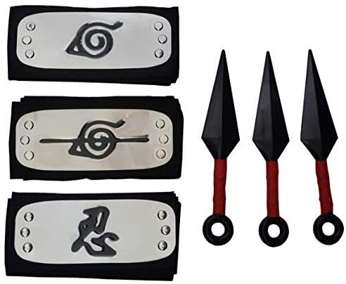 Lystin Naruto Leaf Village Ninja Shinobi Headband with 3PCS Red Ninja Weapons Props Big Kunai Plastic Toy for Anime Cosplay 