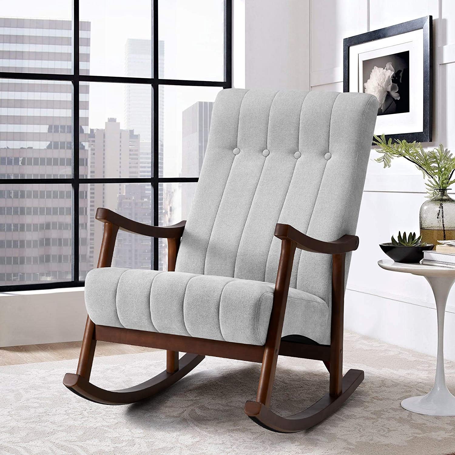 Whole Avawing Upholstered Rocking Chair With Fabric Padded Seat Comfortable Rocker Solid Wood For Living Room Modern High Back Armchair Single Sofa Old Man Supply Leader