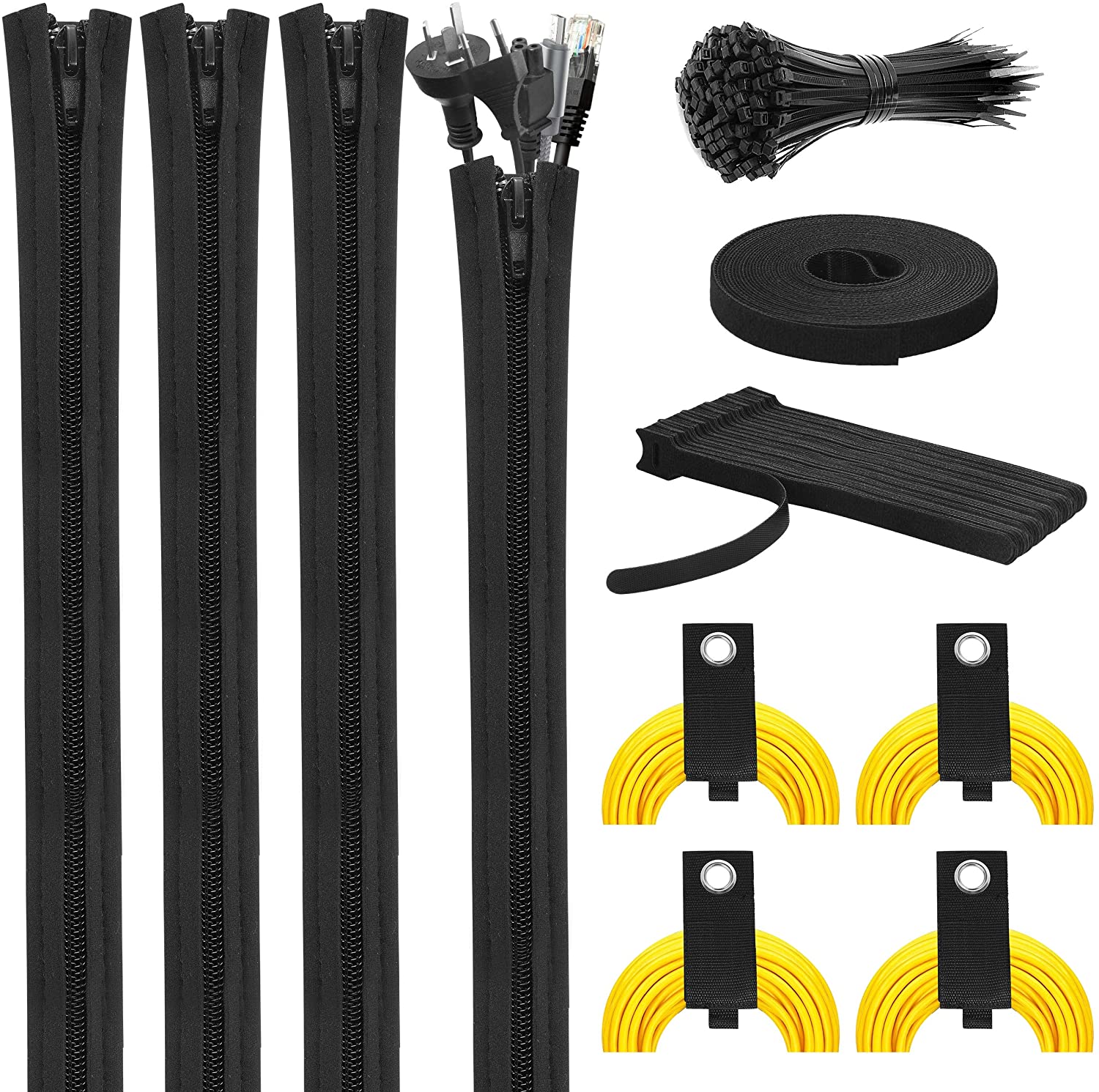 Office POKIENE 17pcs Cable Organizer Kit 3 Self-Adhesive Cable Ties for Home 4 Cable Sleeves with Zipper Cable Management Organizer Including 10 Cable Holder Clips