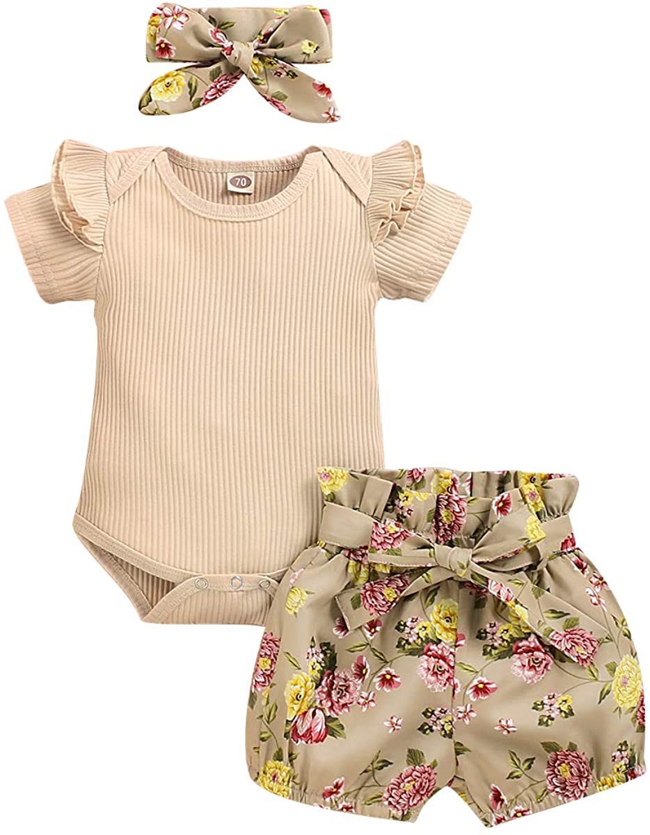 QASIMOF Infant Baby Girl Clothes Newborn Outfits Ruffle Romper Onesies Floral Girl Shorts Set Summer Baby Clothes Girls Outfit
