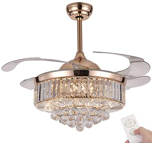 Details about   36" Invisible Ceiling Fan Light LED Crystal Chandelier 3 Color Change w/Remote 