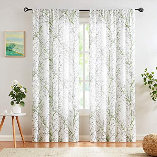 FMFUNCTEX Metallic Tree Sheer Curtains Living-Room Silver Foil Branch Print Navy-Blue Curtains 84 inches Linen Texture Semi-Sheers for Bedroom Window Treatment Set Grommet Top 2Panels
