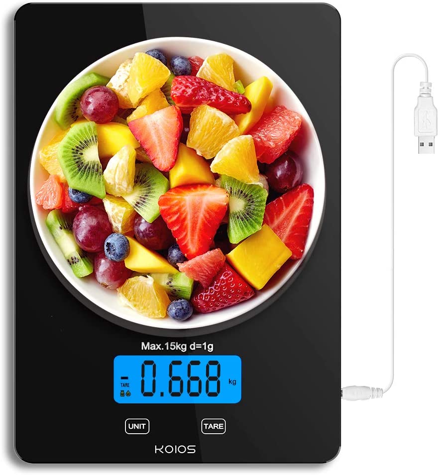KOIOS USB Rechargeable Food Scale, 33lb/15Kg Kitchen Scale Digital Weight  Grams and oz for Cooking Baking, Precise Graduation, Waterproof Tempered  Glass, 6 Weight Units, Tare Function, White 