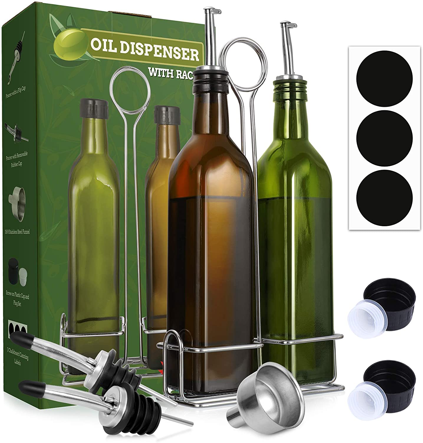 Leaflai Olive Oil Dispenser Bottle, 2 Pcs Glass Olive Oil Dispenser and Vinegar Dispenser Set with 2 Stainless Steel Pourers, 4 Labels,1 Brush and 1