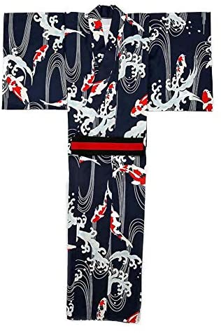 Men's Japanse Kimono Yukata Long Robe cotton (XX-Large size,64/Navy Carp)  Halloween Costumes Sleepwear Nightgown Bathrobe Summer Festivals Party