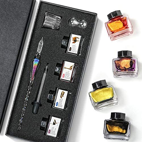 Glass Dip Calligraphy Pen Set, 18-Pieces 14 Color Inks, Pen Holder,  Cleaning Cup, 2 Crystal Glass Pens for Art, Writing, Drawing, Signatures,  Gift for Kids and Artist