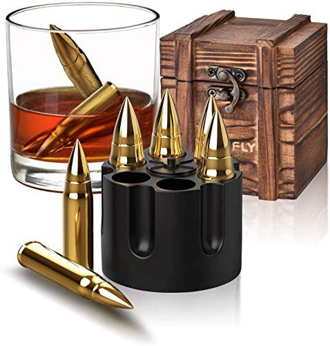 Whiskey Stones Bullets Stainless Steel with Wooden Gift Box - 1.75in Bullet  Chillers Set of 6 Inside Realistic Revolver, Premium Stainless Steel, Large  Whiskey Chillers Rocks (Gold) 