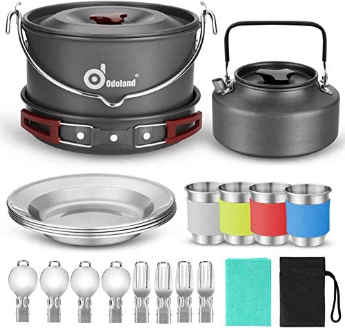 Odoland 29pcs Camping Cookware Mess Kit, Non-Stick Lightweight Pots Pan  Kettle, Collapsible Water Container and Bucket, Stainless Steel Cups Plates