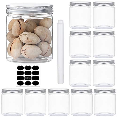 Yephets 16 oz Plastic Jars with Lids, 12 Pack Clear Plastic Slime Containers for Kitchen and Household Food Storage of Dry Goods, Creams and More