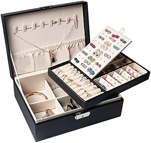 SONGMICS Jewelry Box with Glass Lid, 3-Layer Jewelry Organizer with 2 Drawers, Gift for