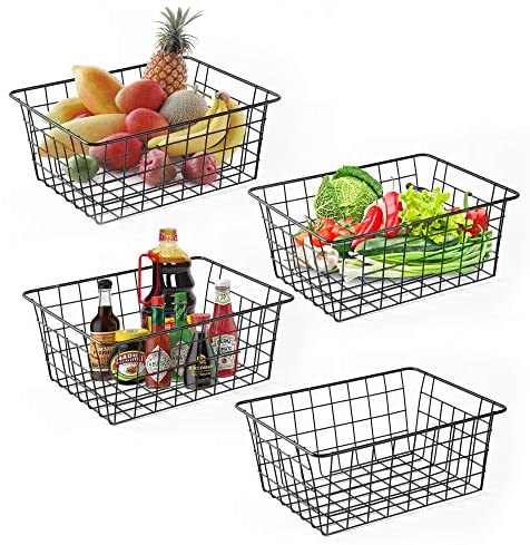 Wire Storage Baskets, iSPECLE 4 Pack Large Metal Wire Baskets Pantry  Organization and Storage with Handles, Freezer Organizer Bins for Pantry  Kitchen Shelf Laundry Cabinets Garage, Black 