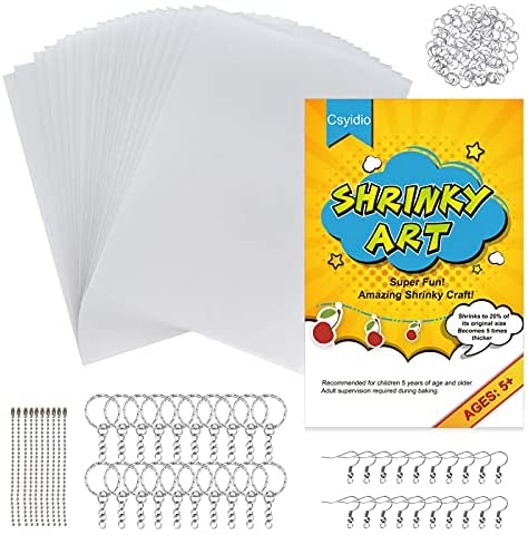 OFNMY 125 Pieces Heat Shrink Plastic Sheet Kit with 25 PCS Shrinky Art  Paper and 100 PCS Keychains for Kids Creative Craft Marking, Homemade  Shrinky